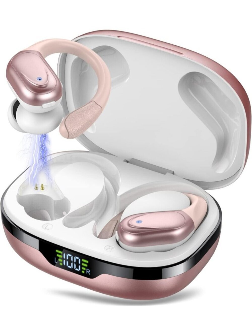 Wireless Rose Gold 60hrs Playtime Earhook Deep Bass Waterproof Bluetooth Earbud